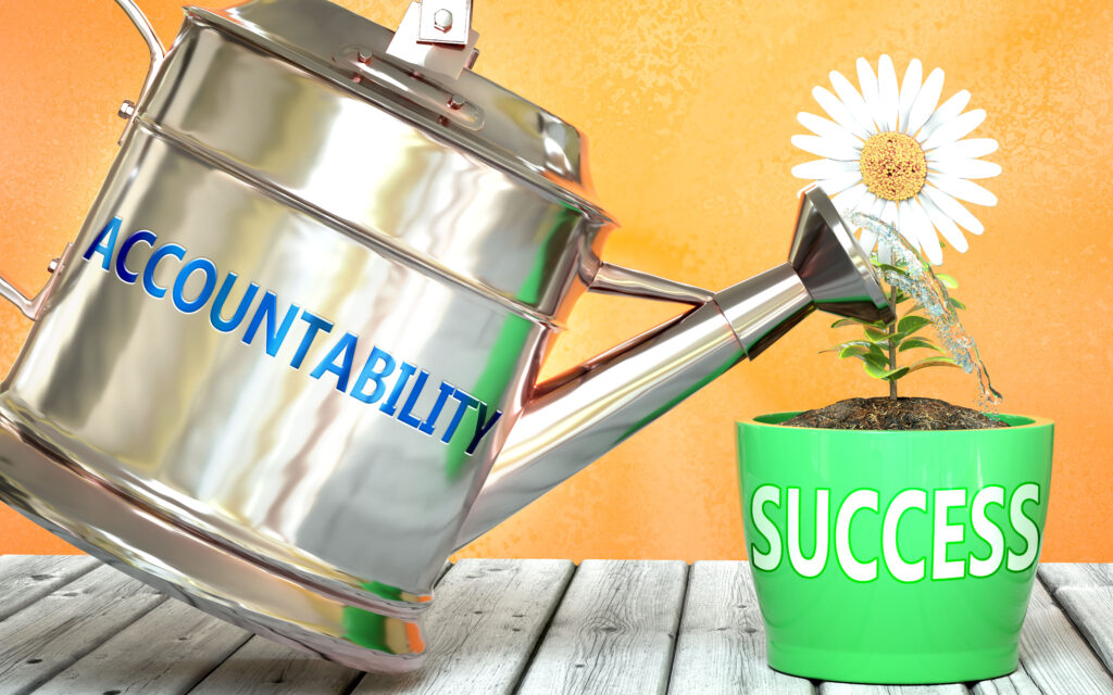 An Accountability pail pouring water into a bucket symbolizing workplace success – cultivating a culture of responsibility and contributing to collective growth.