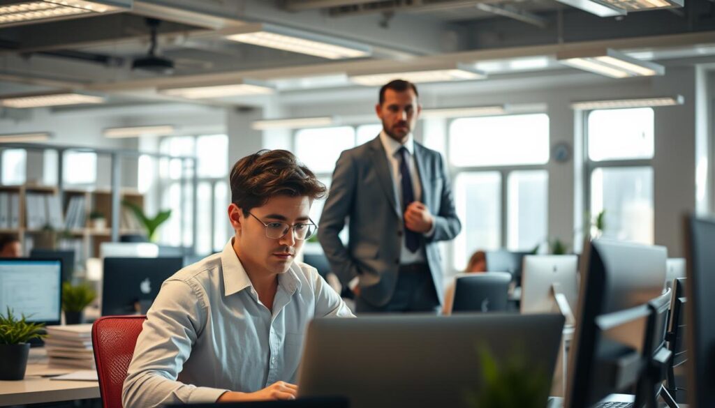 Young professional working on a laptop with a manager standing nearby in a professional office setting
